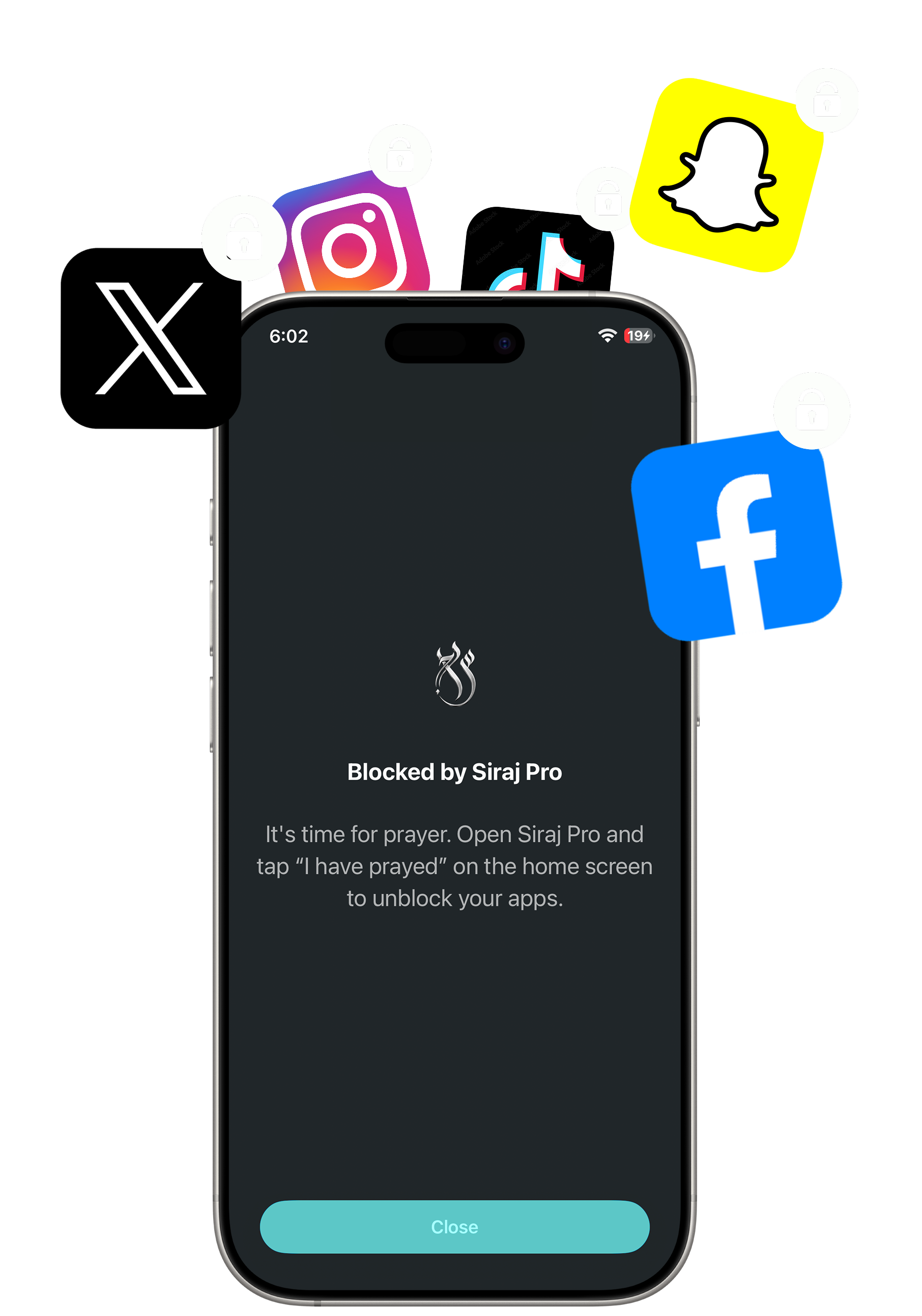 iPhone showing the Siraj Pro shield screen — 'Blocked by Siraj Pro · It's time for prayer' — with locked X, Instagram, TikTok, Snapchat, and Facebook icons floating around it.
