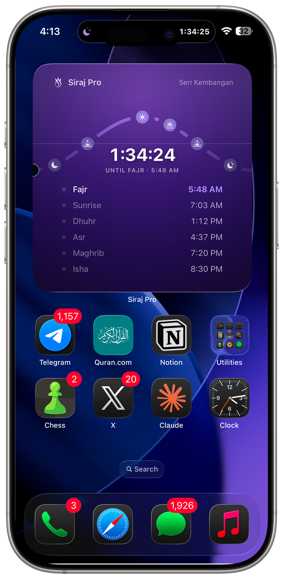 iPhone home screen featuring a large Siraj Pro widget showing today's prayer times alongside the app drawer.
