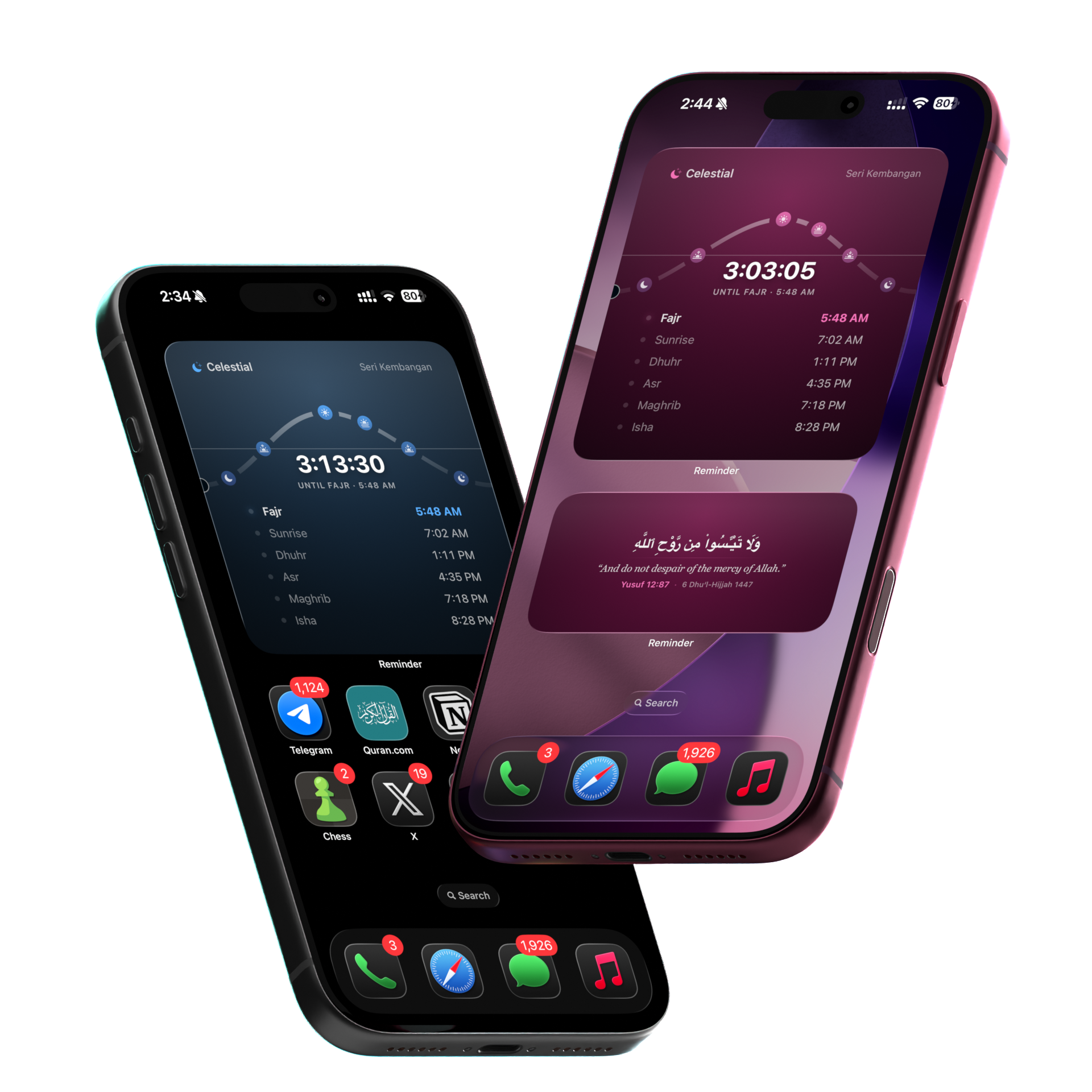 Two iPhones side by side showing Siraj Pro widgets and the prayer screen.