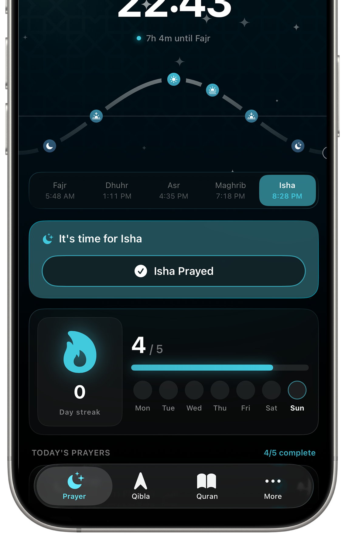 The Siraj Pro streak card showing 4 of 5 prayers today and a 6-day streak.