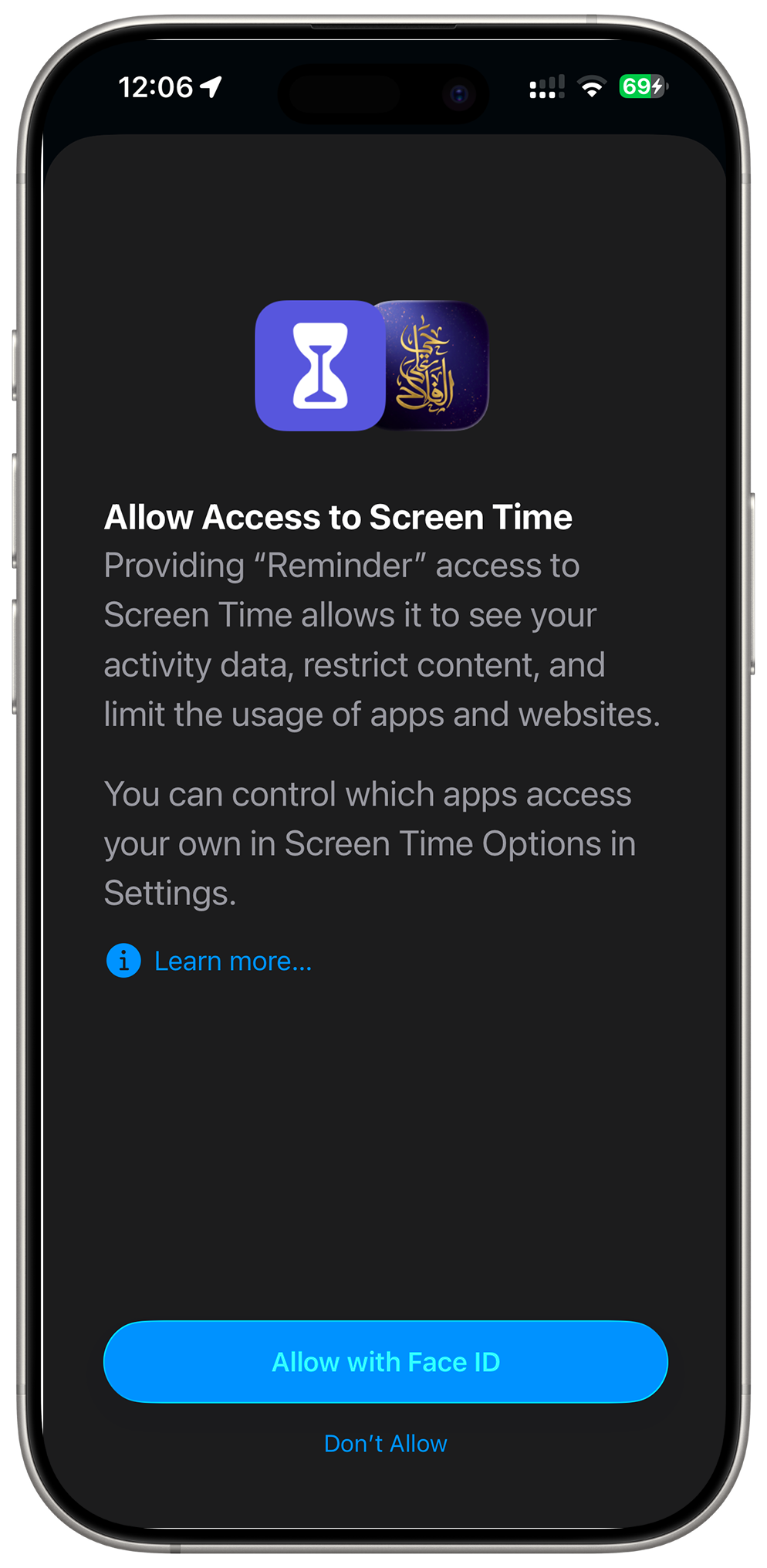 iPhone showing the Allow Family Controls system permission screen.