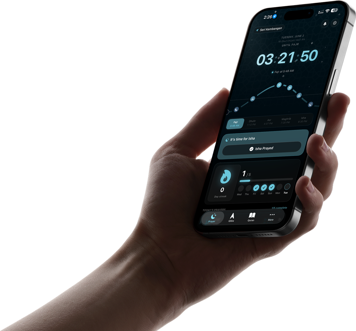 Siraj Pro running on iPhone — the prayer arc, prayer pills and check-in card.